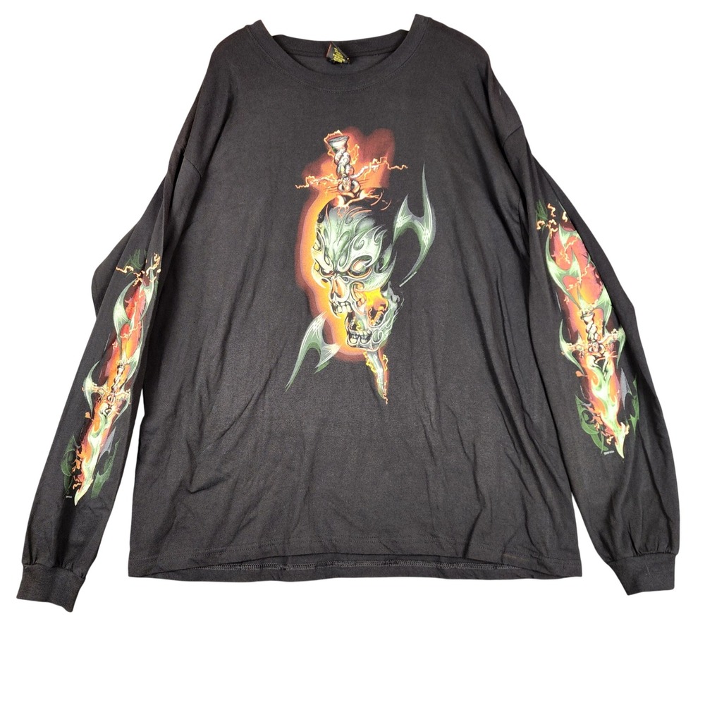 Hot Leathers Mens 2XL Black Long Sleeve Flaming Skull Dagger Graphic T-Shirt